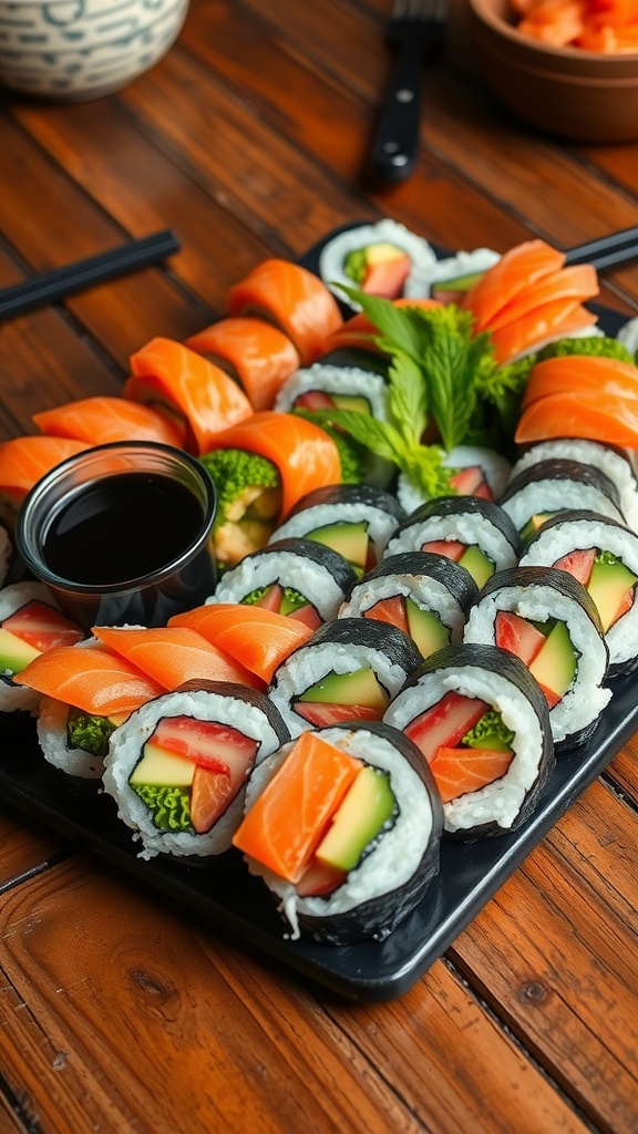 An array of colorful homemade sushi rolls on a wooden platter, accompanied by soy sauce and garnishes.